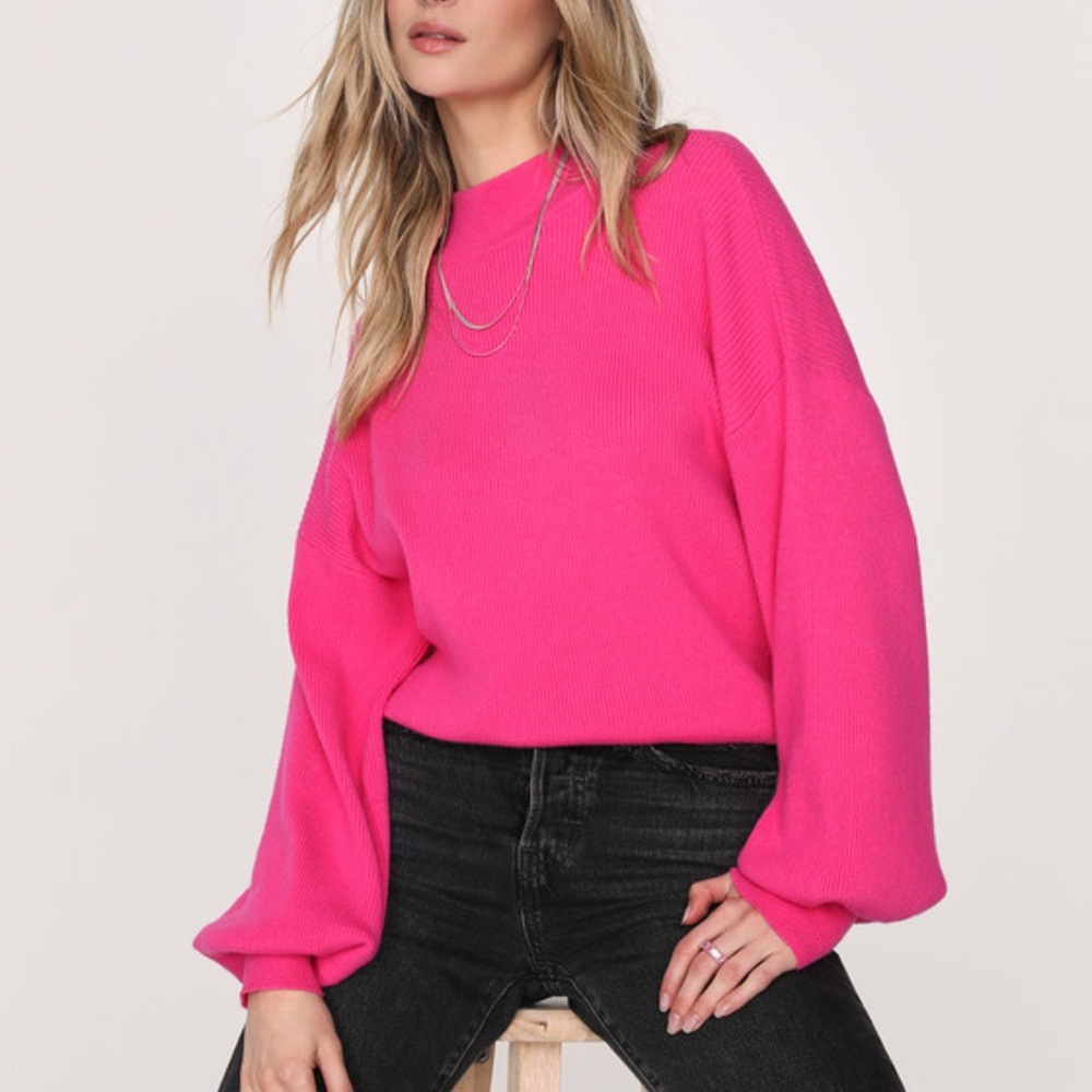 EUC Lulus Hot Pink Mock Neck Balloon Sleeve Sweater